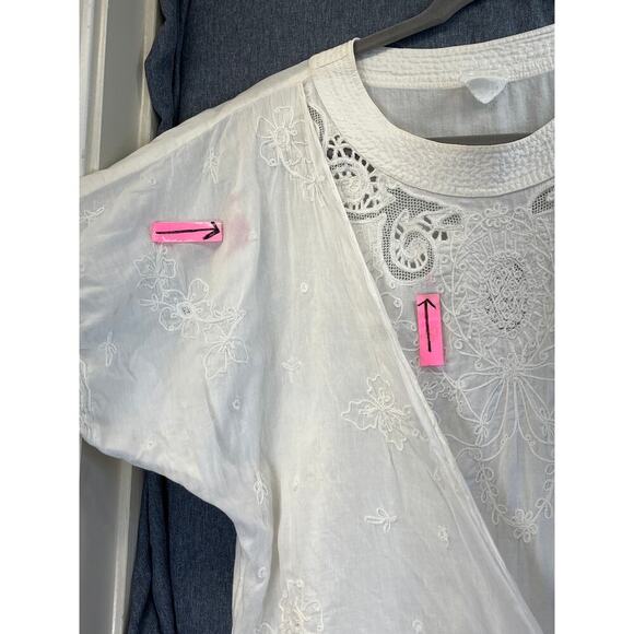 Womens White L/XL Short Sleeves Embroidery Tie Waist Prairie/BOHO Dress FLAWS - Picture 3 of 9